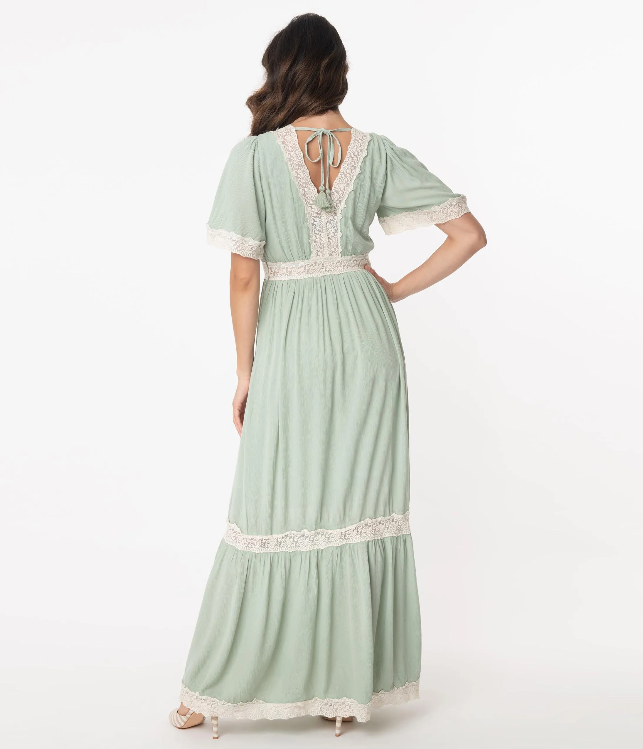 1970s Style Seafoam Lace Trim Maxi Dress