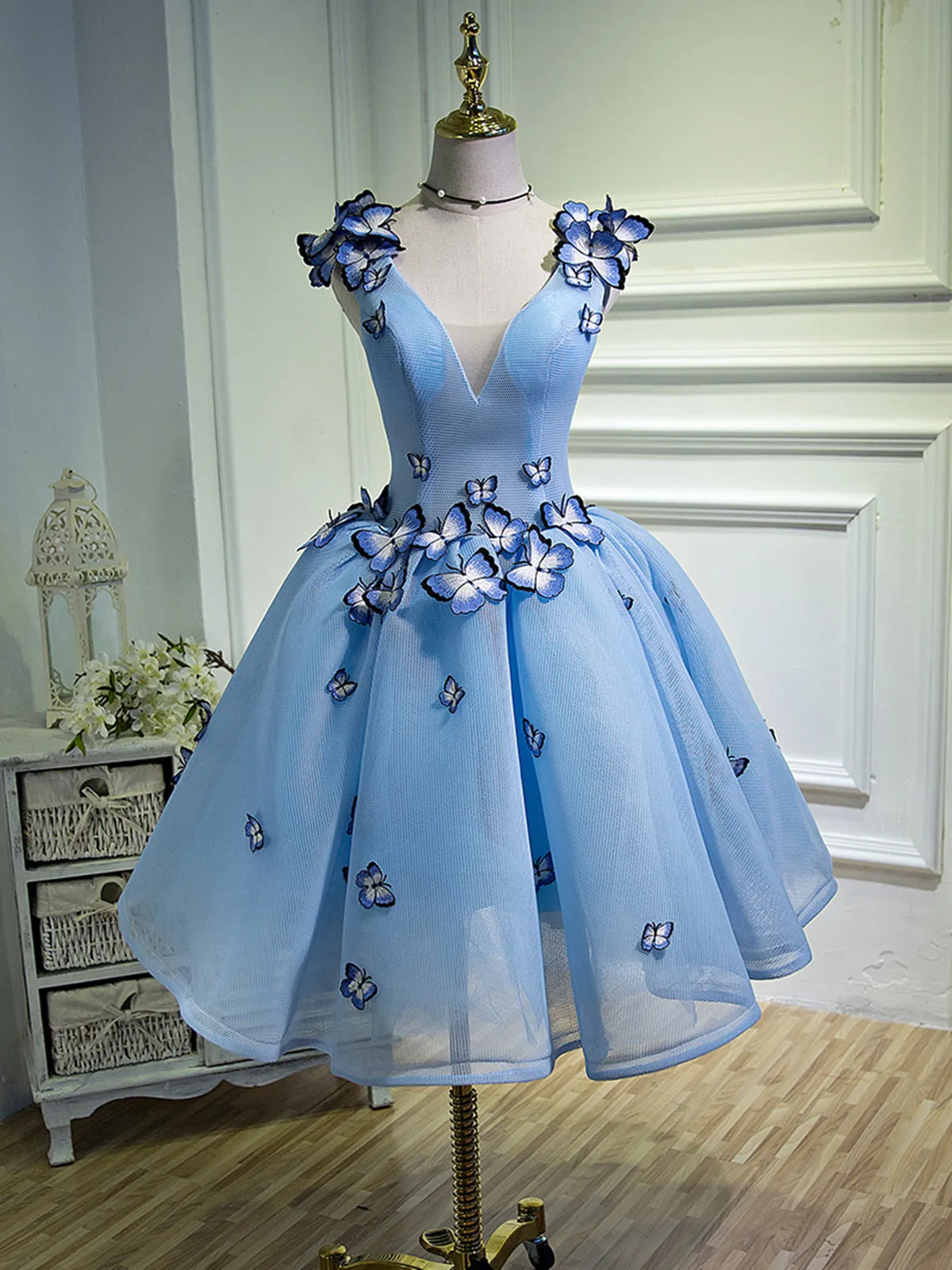 A Line V Neck Short Blue Prom Dresses with Butterfly, Short Blue Formal Homecoming Dresses