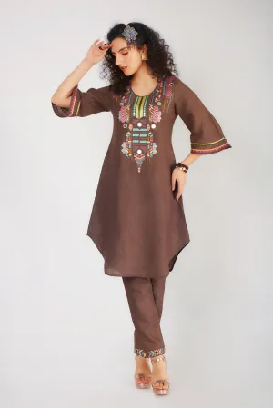 American Brown Embroidered Spanish Linen Kurta Set