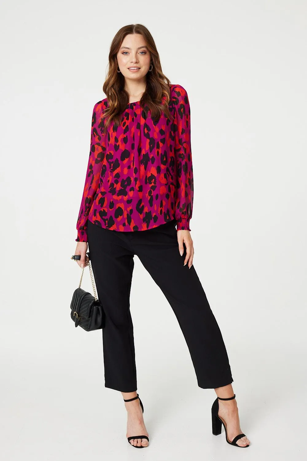 Animal Print Long Sleeve Ruched Blouse