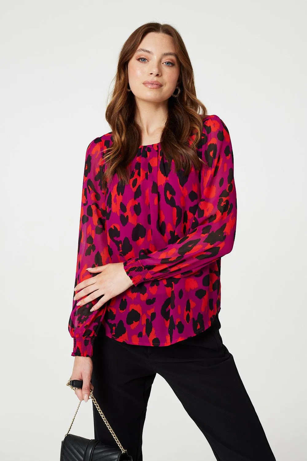 Animal Print Long Sleeve Ruched Blouse