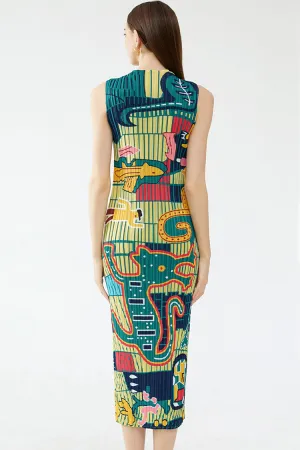 Artistic Print Crew Neck Sleeveless Pleated Bodycon Midi Dress - Green