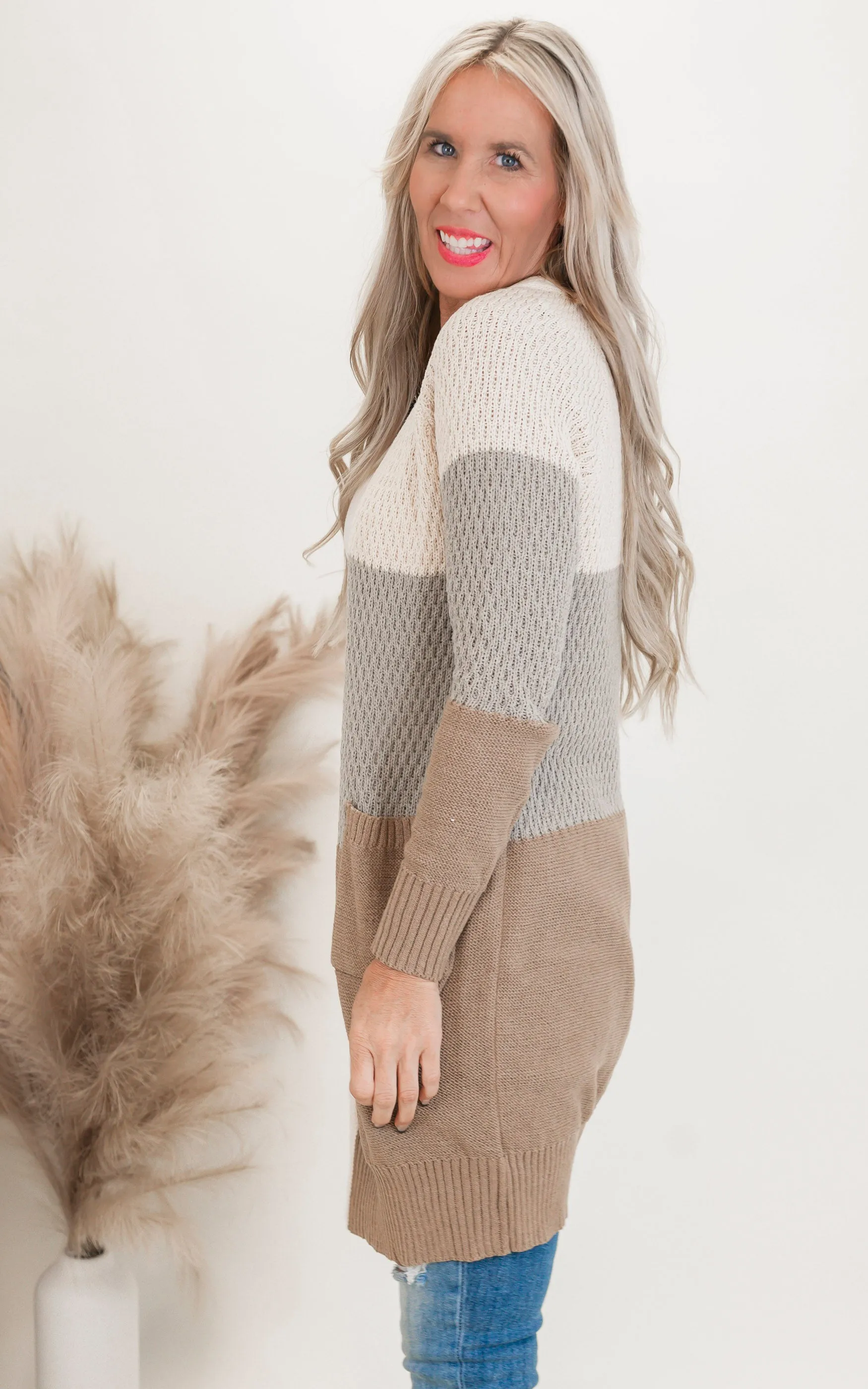 Beige Colorblock Long Sweater Cardigan