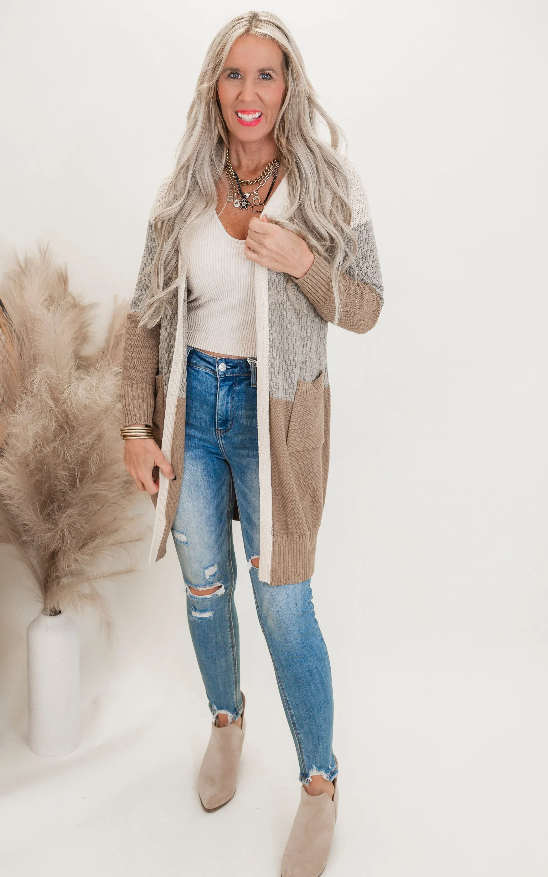 Beige Colorblock Long Sweater Cardigan