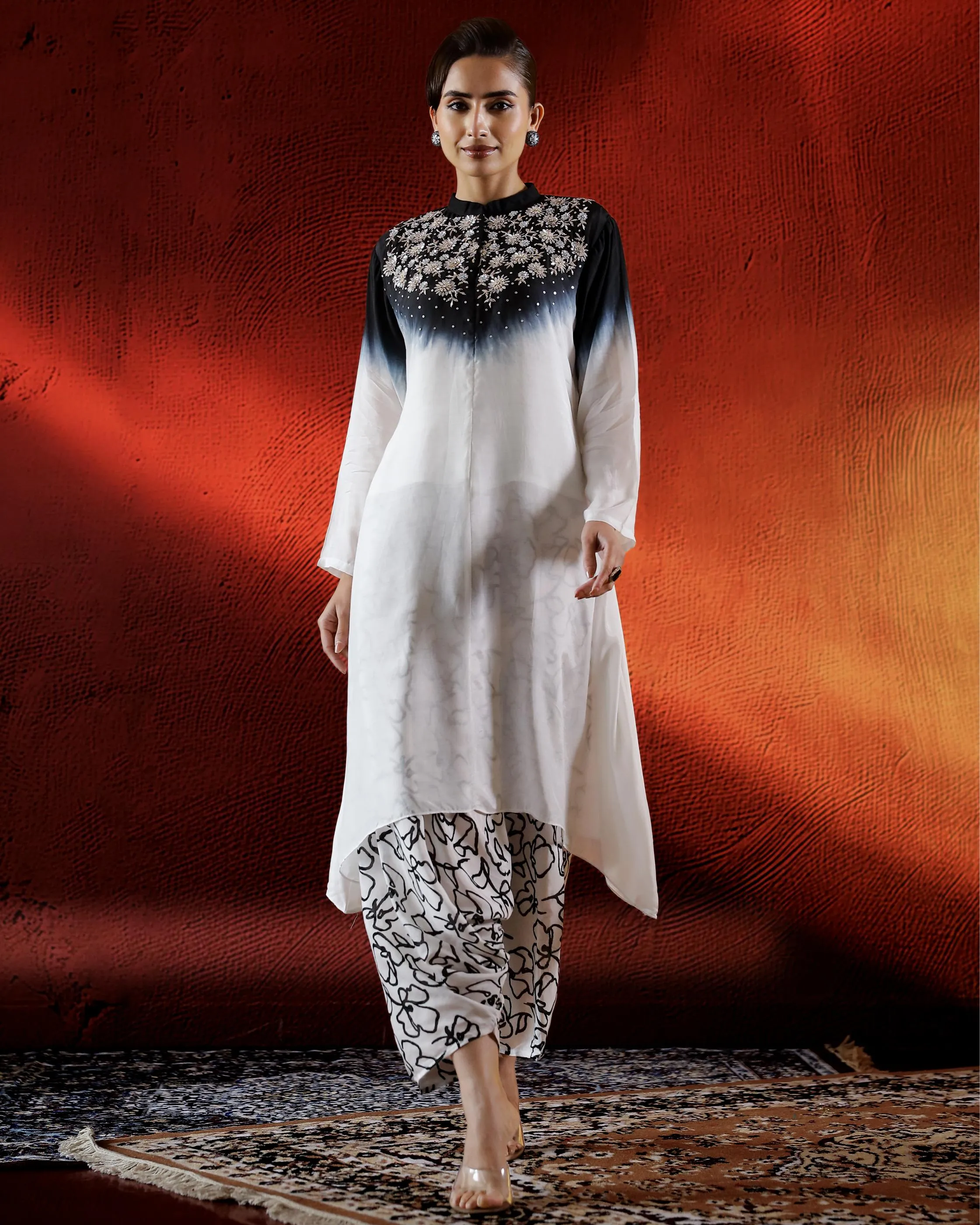 Black Ombre-Dyed Satin Silk Kurta & Cowl Pants Set