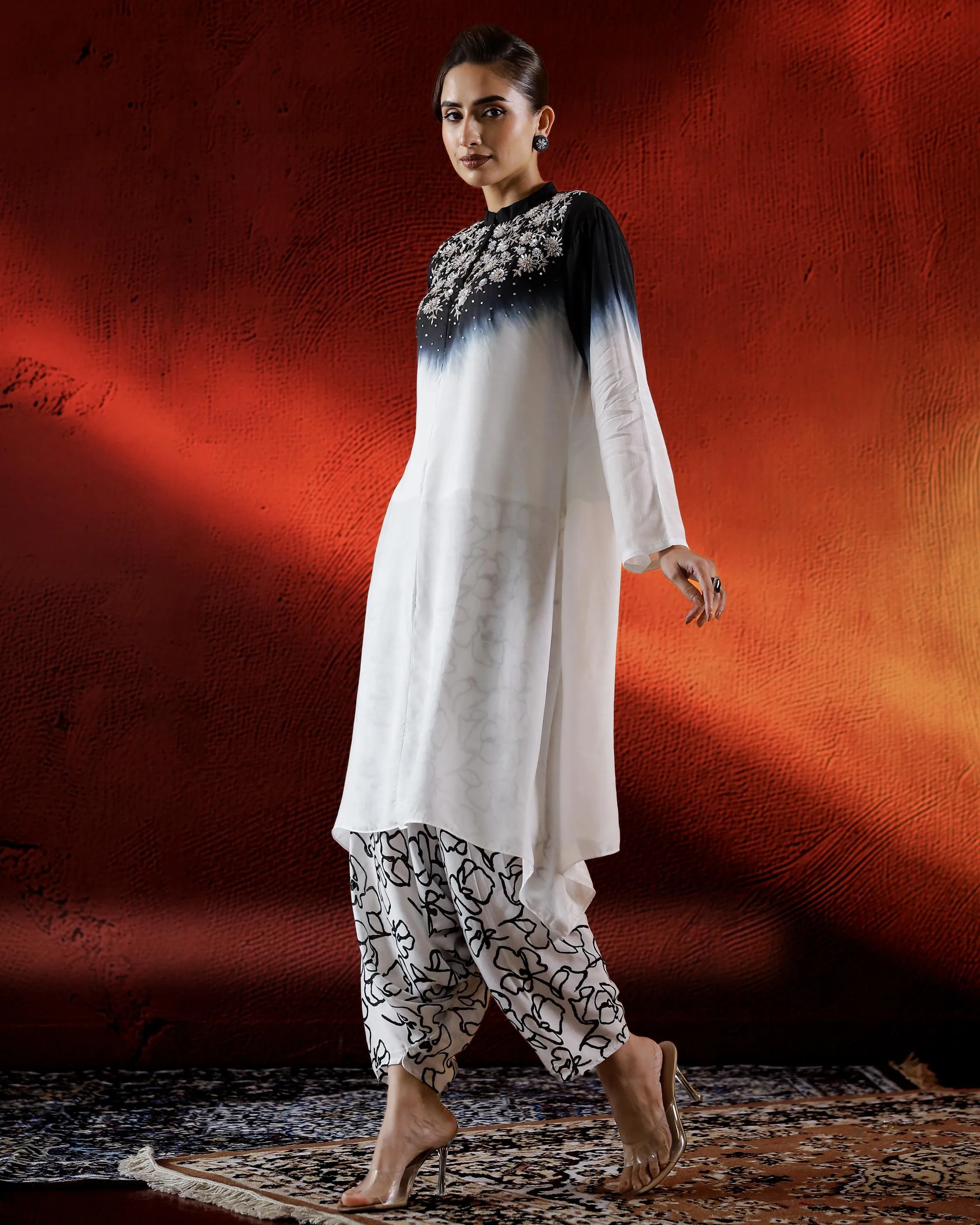 Black Ombre-Dyed Satin Silk Kurta & Cowl Pants Set