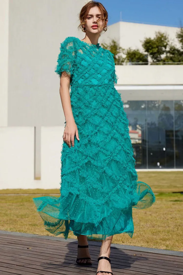 Breezy Mock Neck Polka Dot Tulle Summer Ruffled Evening Maxi Dress - Emerald Green