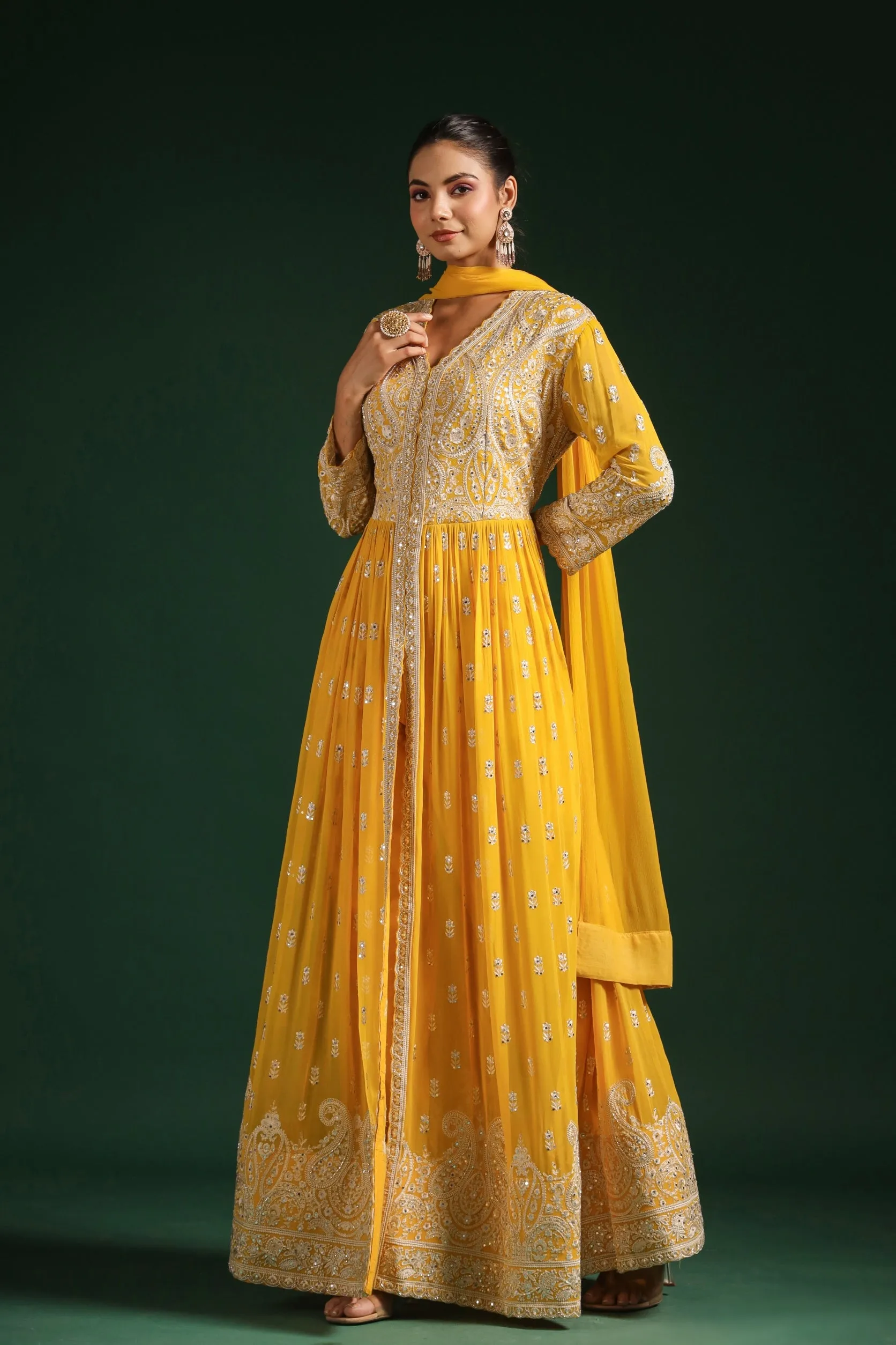 Bright Yellow Embellished Swiss Georgette Anarkali Set