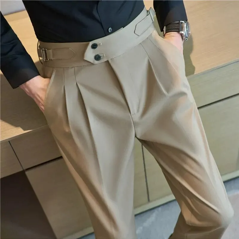 British Style Men's High Waist Ankle Length Smart Dress Pant Belt Design Slim Trousers