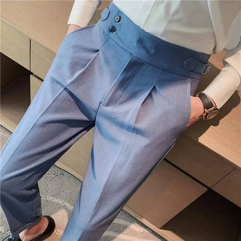 British Style Men's High Waist Ankle Length Smart Dress Pant Belt Design Slim Trousers