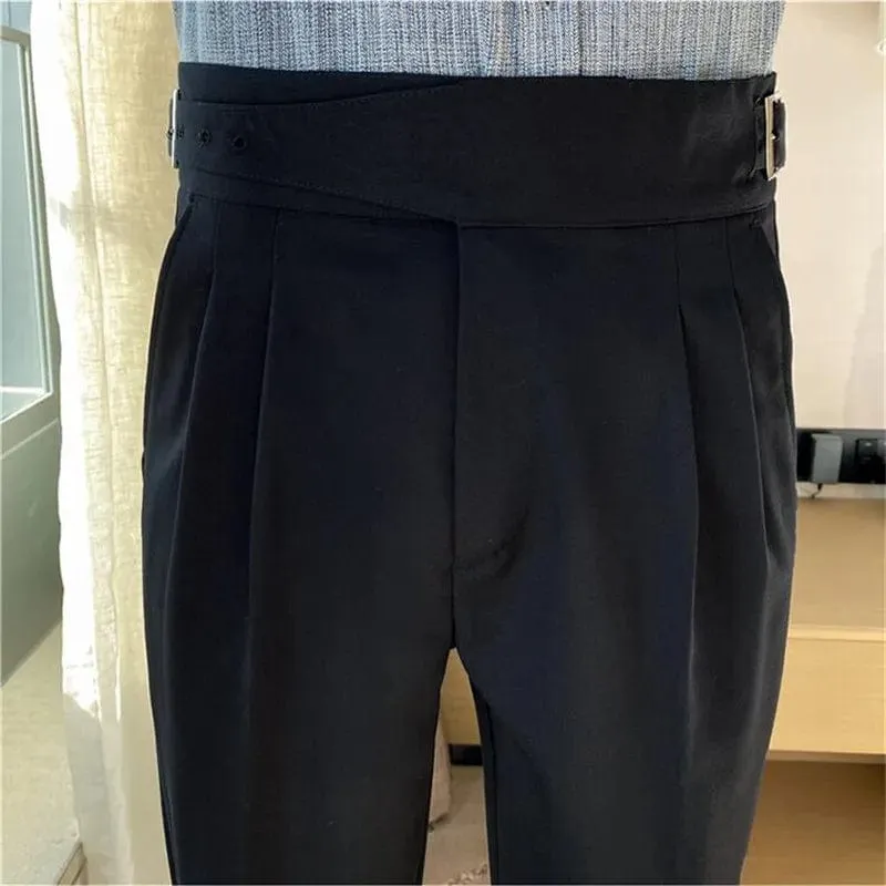 British Style Men's High Waist Ankle Length Smart Dress Pant Belt Design Slim Trousers