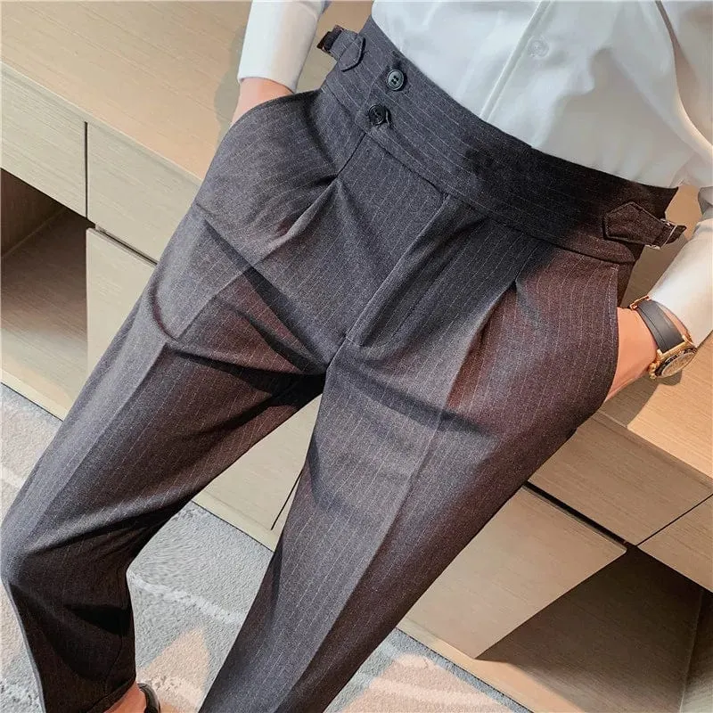 British Style Men's High Waist Ankle Length Smart Dress Pant Belt Design Slim Trousers