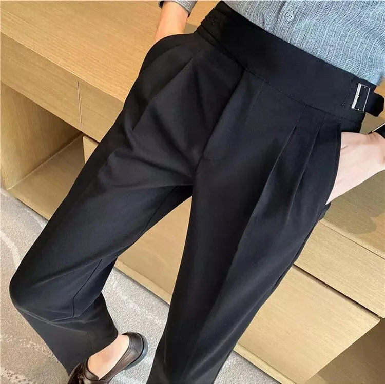 British Style Men's High Waist Ankle Length Smart Dress Pant Belt Design Slim Trousers