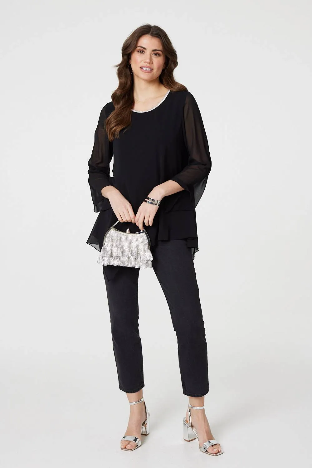 Contrast Stitch Semi Sheer Hanky Hem Top