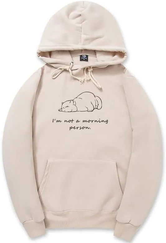 CORIRESHA Unisex Sleeping Cat Hoodie Casual Long Sleeve Drawstring Cotton Letter Sweatshirt