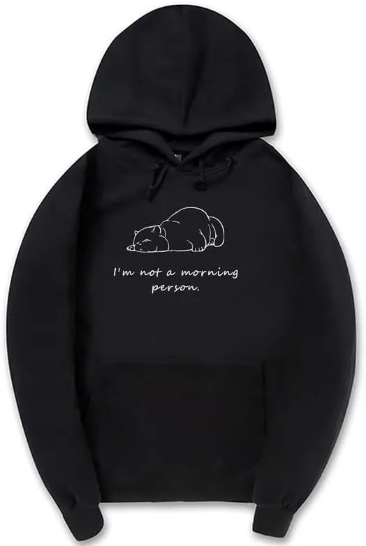 CORIRESHA Unisex Sleeping Cat Hoodie Casual Long Sleeve Drawstring Cotton Letter Sweatshirt