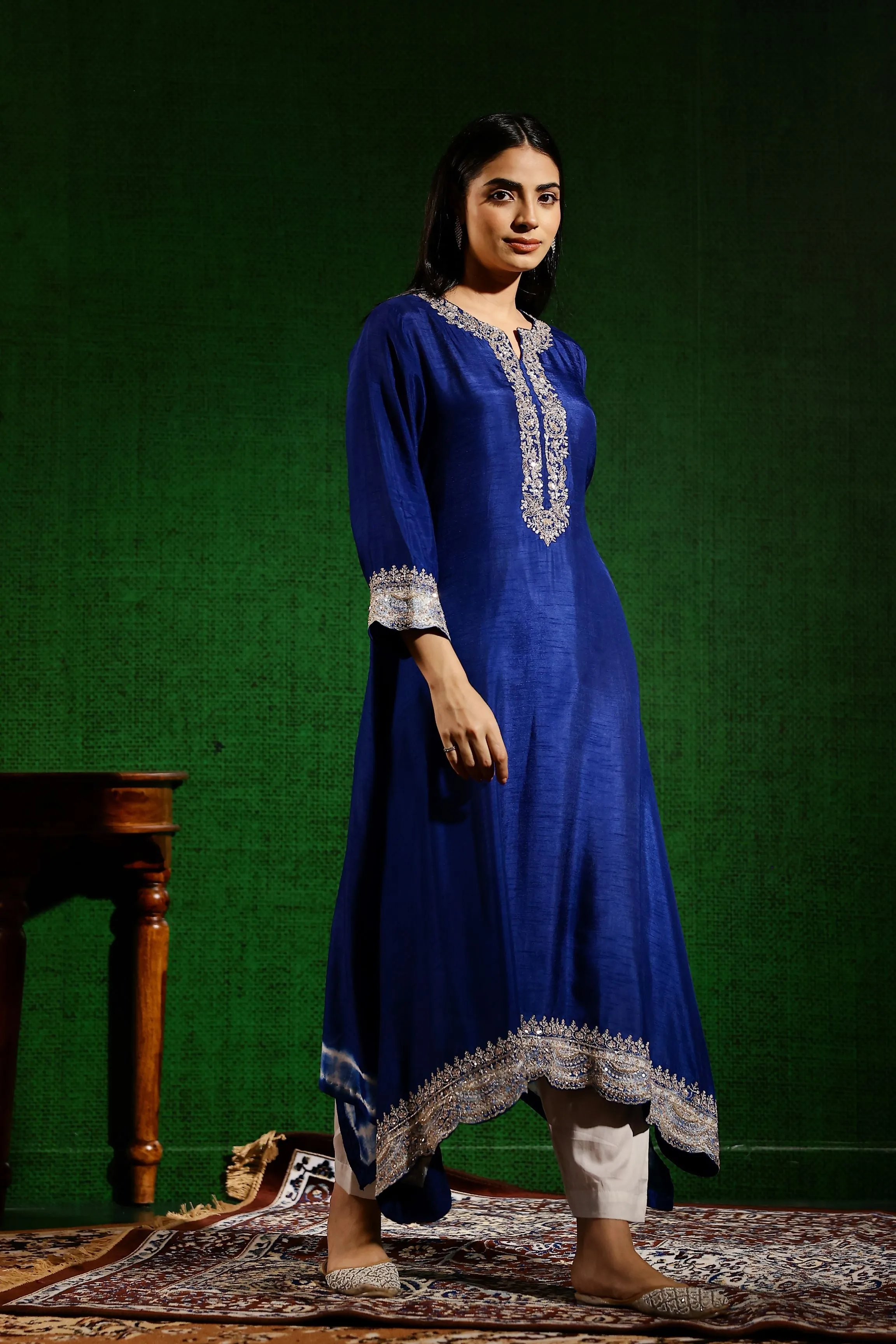 Deep Blue Embellished Raw Silk Kurta Set