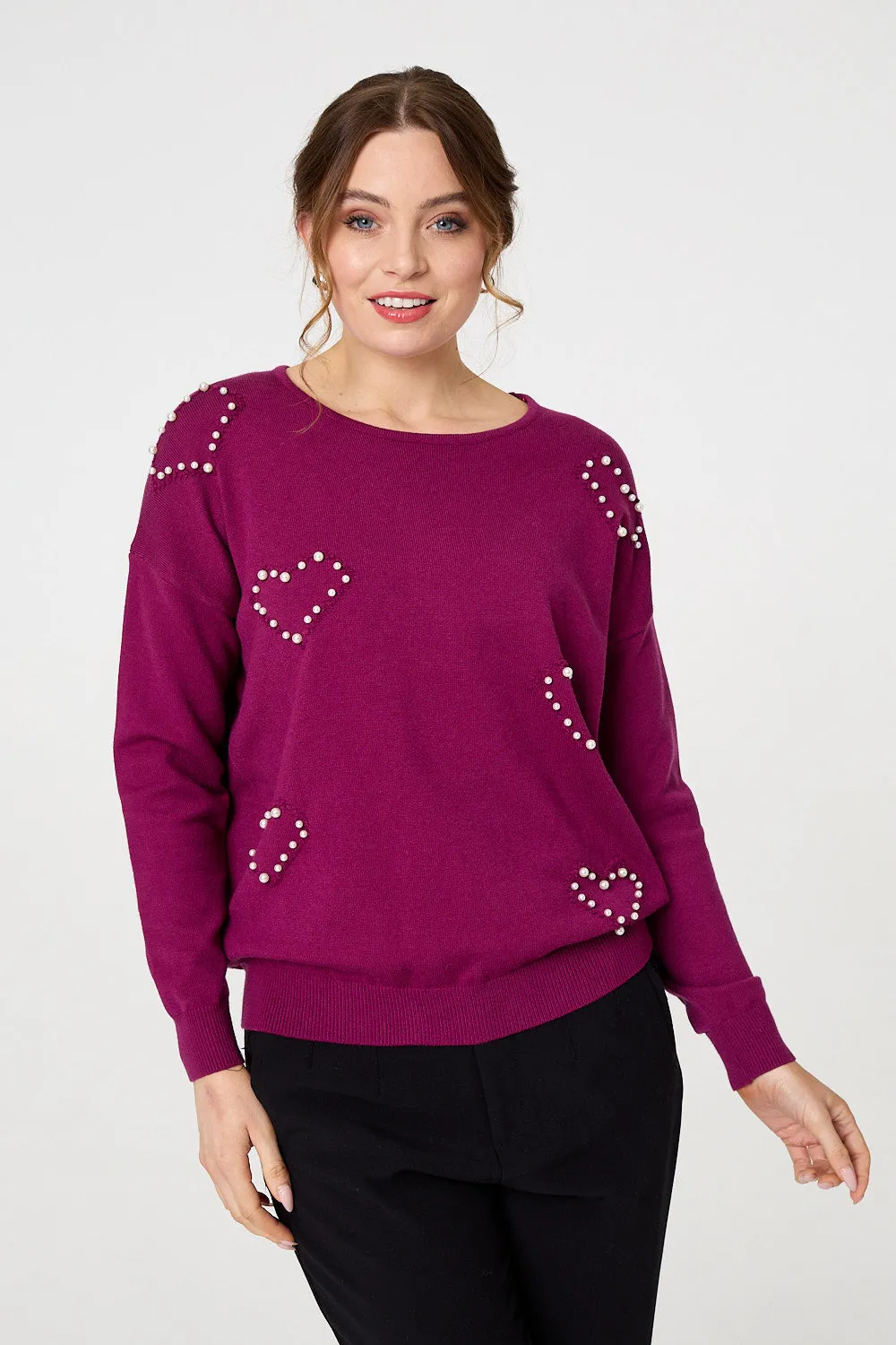 Heart Embellished Boat Neck Jumper