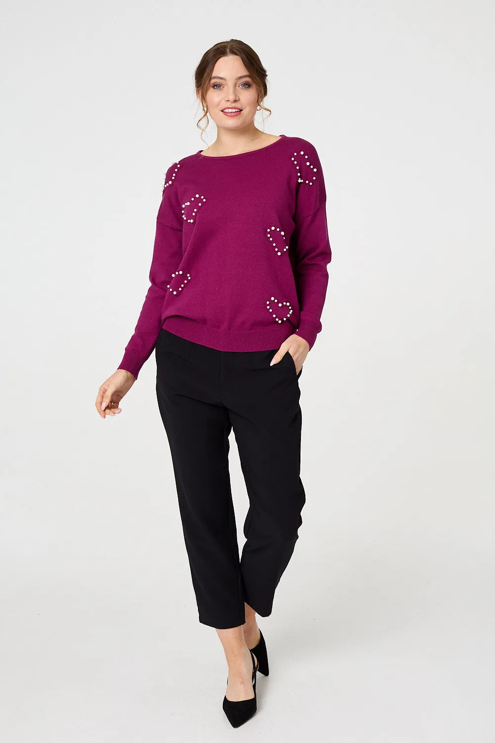 Heart Embellished Boat Neck Jumper