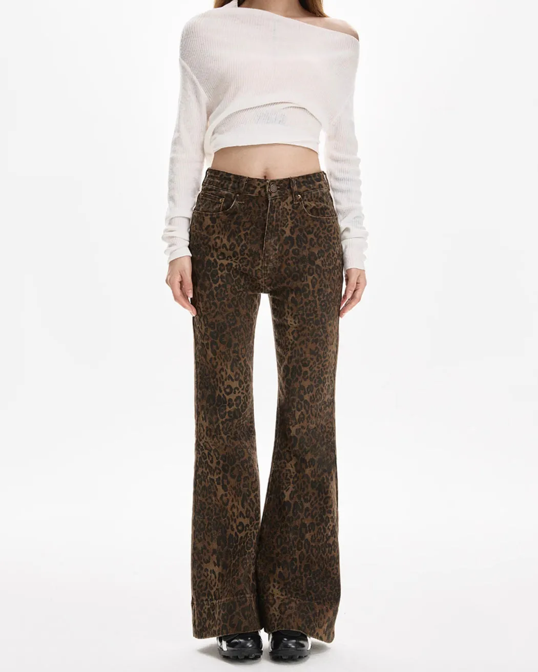 High-Waisted Leopard Flare Jeans