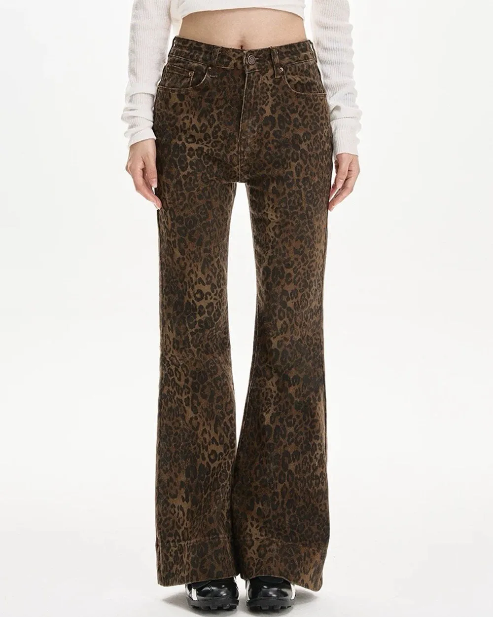 High-Waisted Leopard Flare Jeans