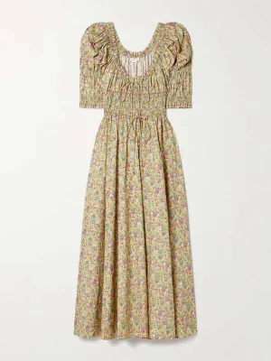 Ischia shirred floral-print cotton-voile midi dress