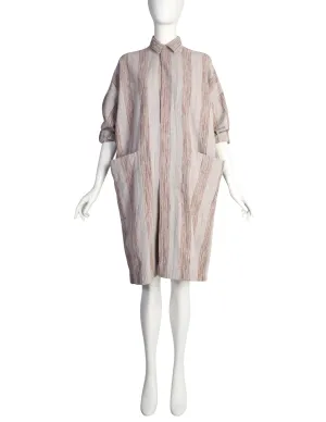 Issey Miyake Vintage 1980s Grey Pink Striped Cotton Tunic Smock Dress