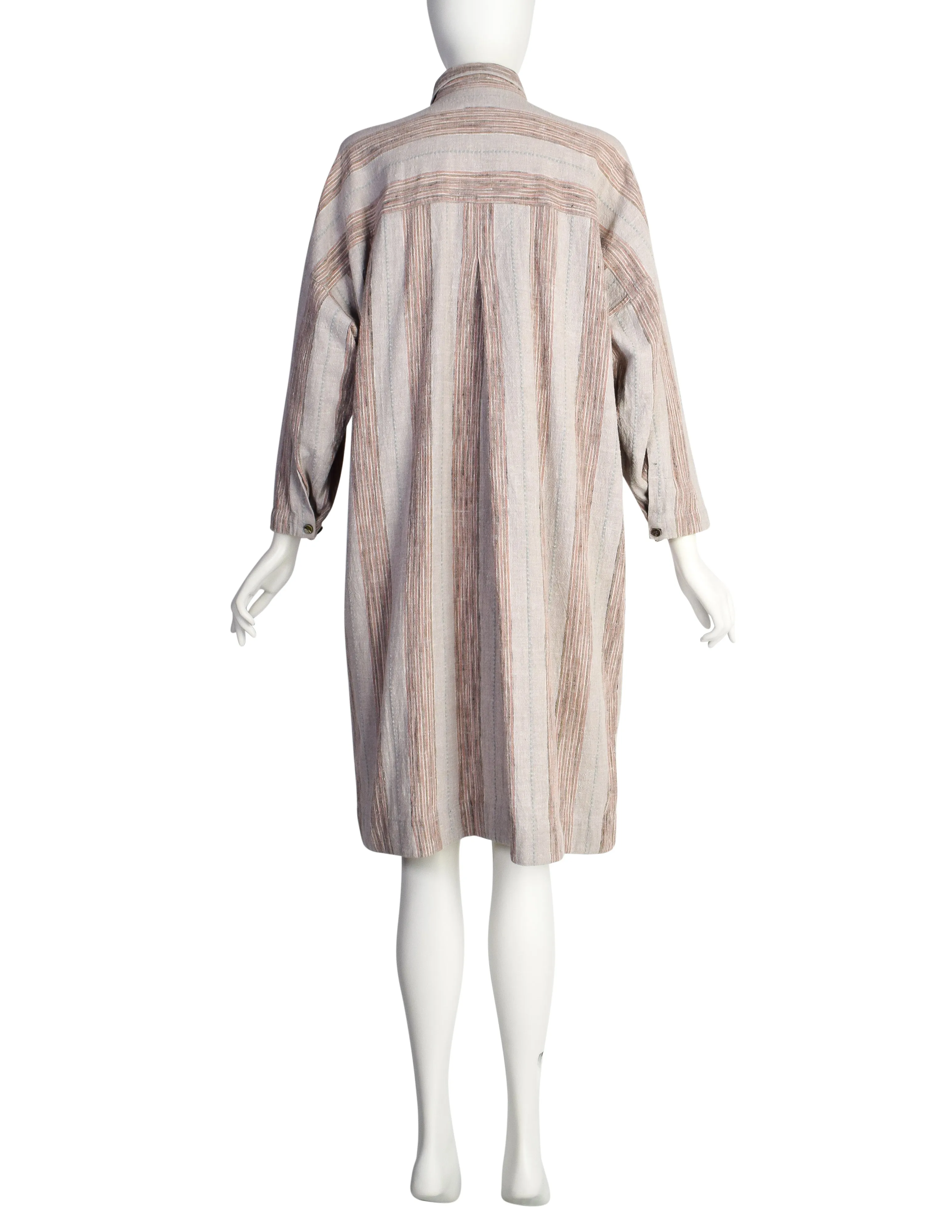 Issey Miyake Vintage 1980s Grey Pink Striped Cotton Tunic Smock Dress