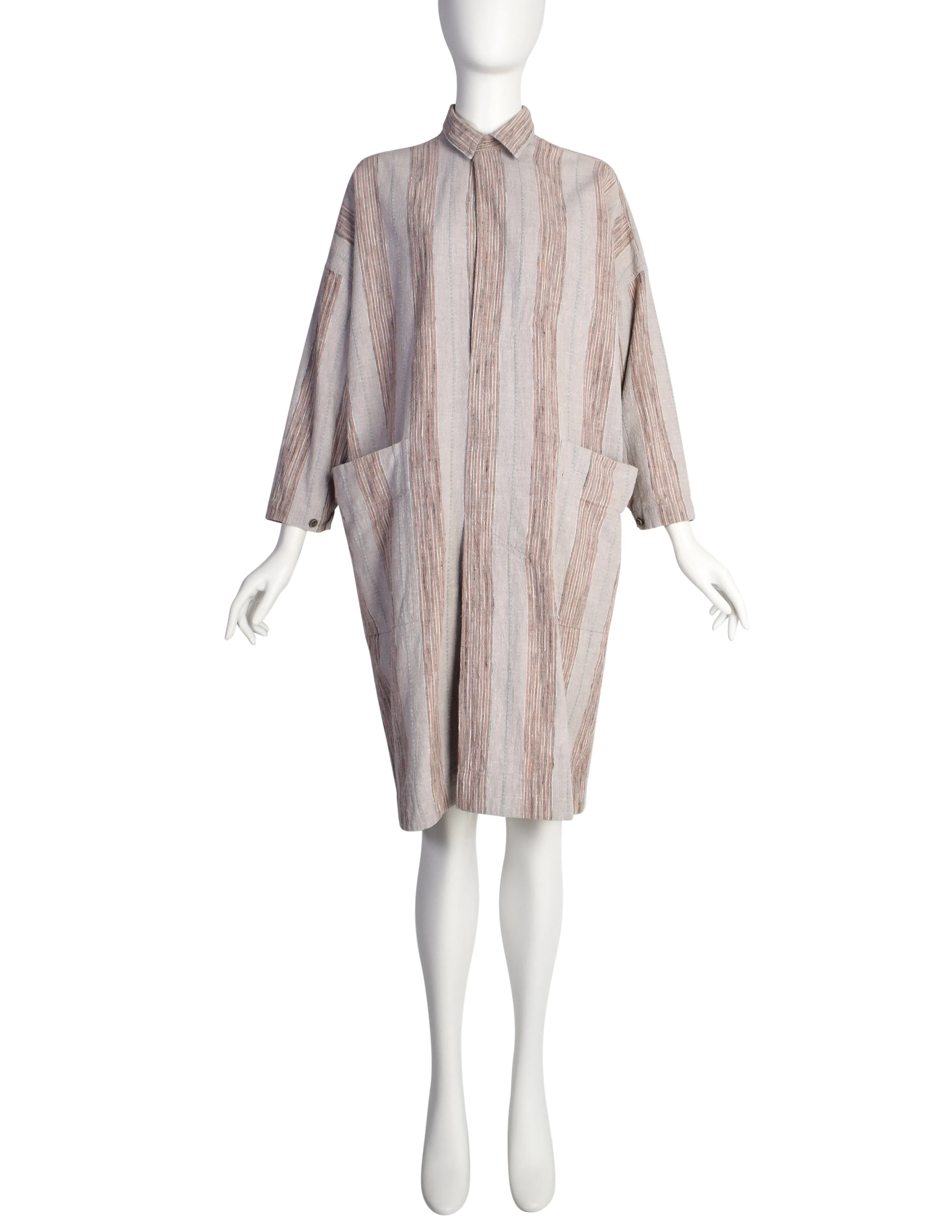 Issey Miyake Vintage 1980s Grey Pink Striped Cotton Tunic Smock Dress