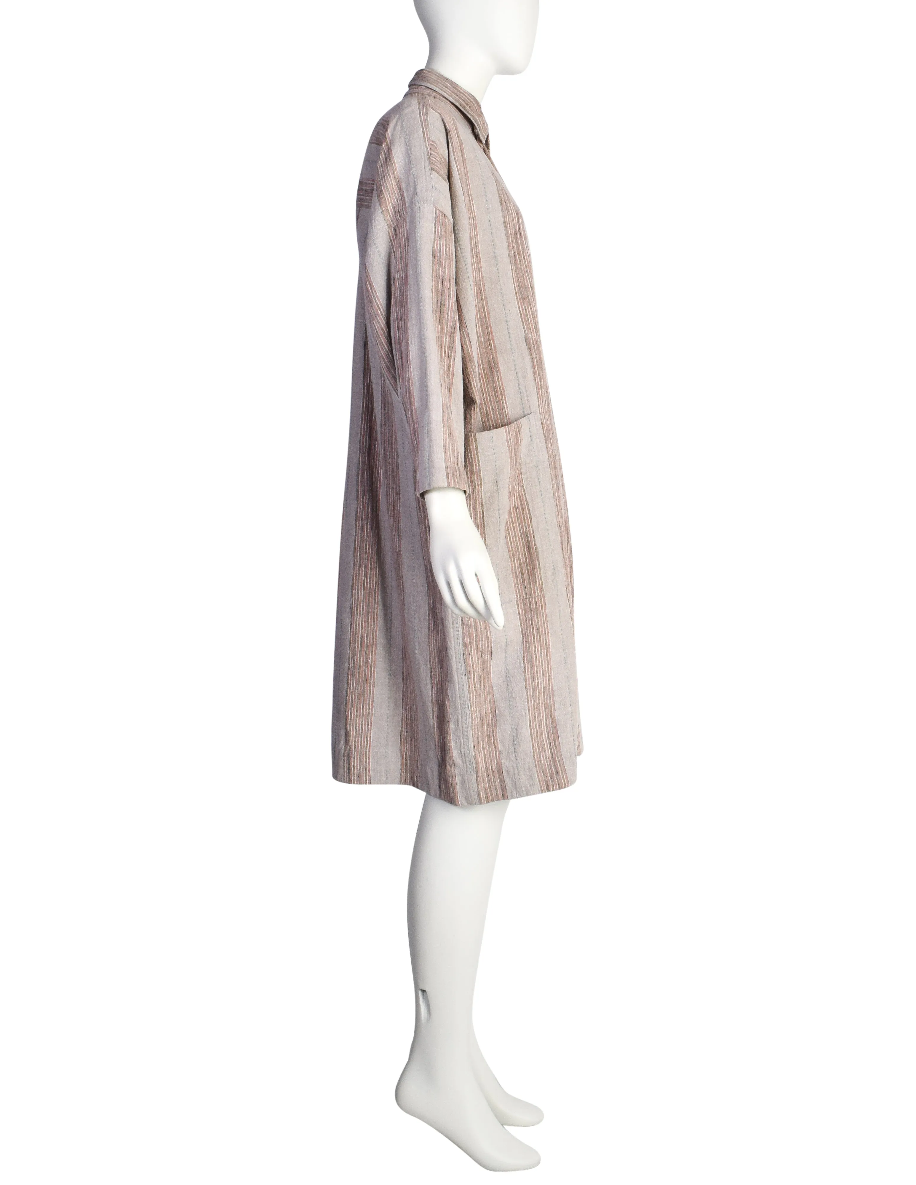 Issey Miyake Vintage 1980s Grey Pink Striped Cotton Tunic Smock Dress