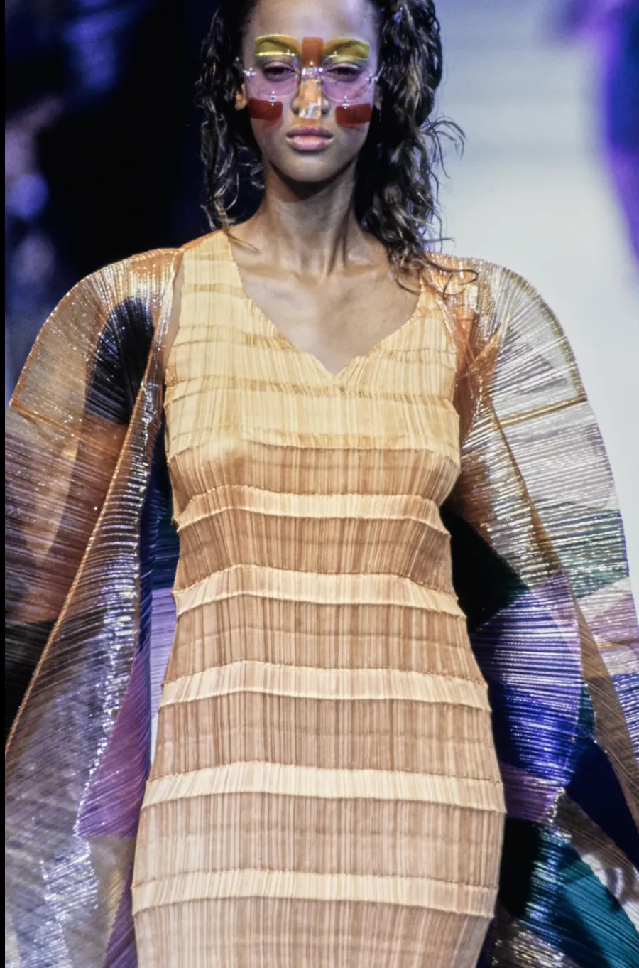 Issey Miyake Vintage SS 1995 Beige Sheen Structured Diagonal Pleated Asymmetrical Dress