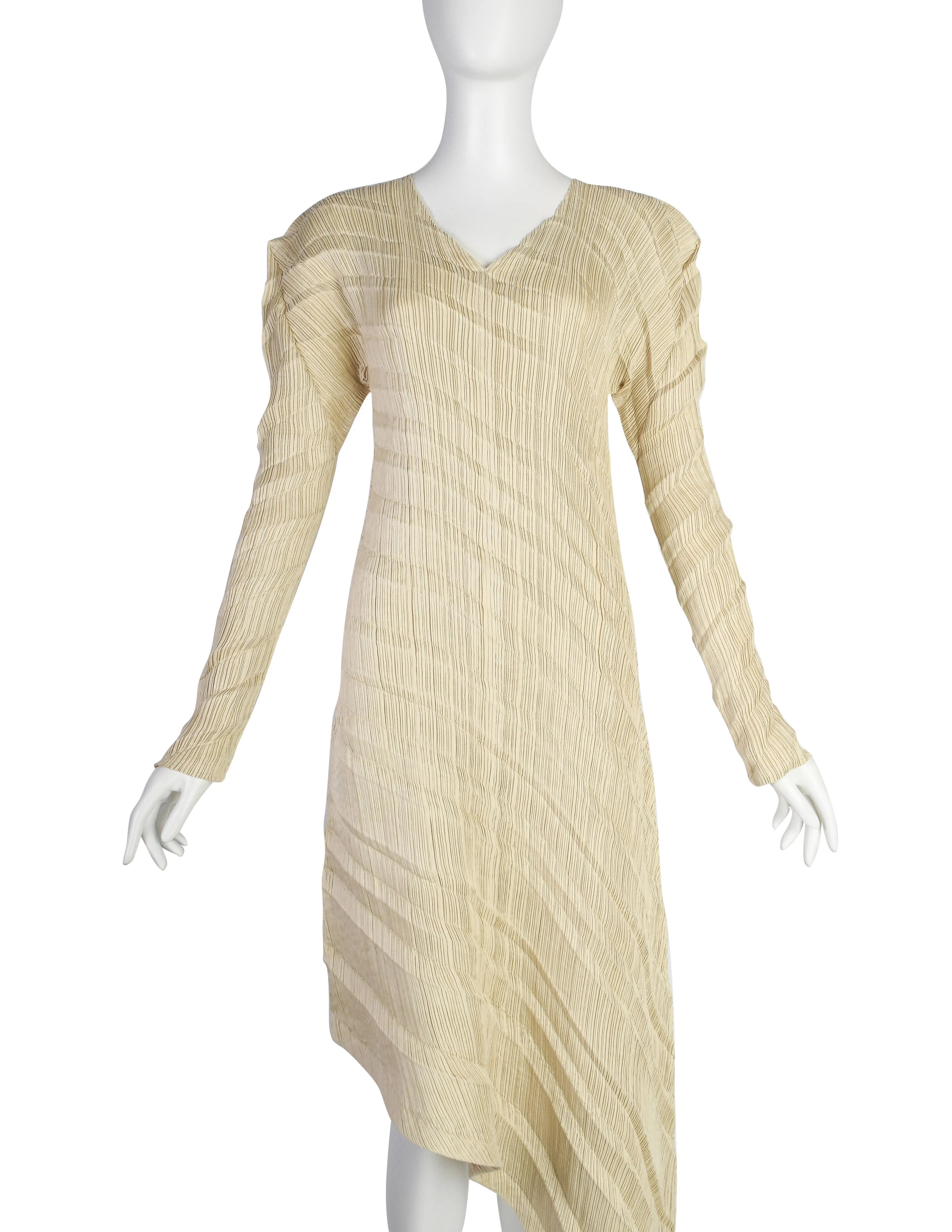 Issey Miyake Vintage SS 1995 Beige Sheen Structured Diagonal Pleated Asymmetrical Dress