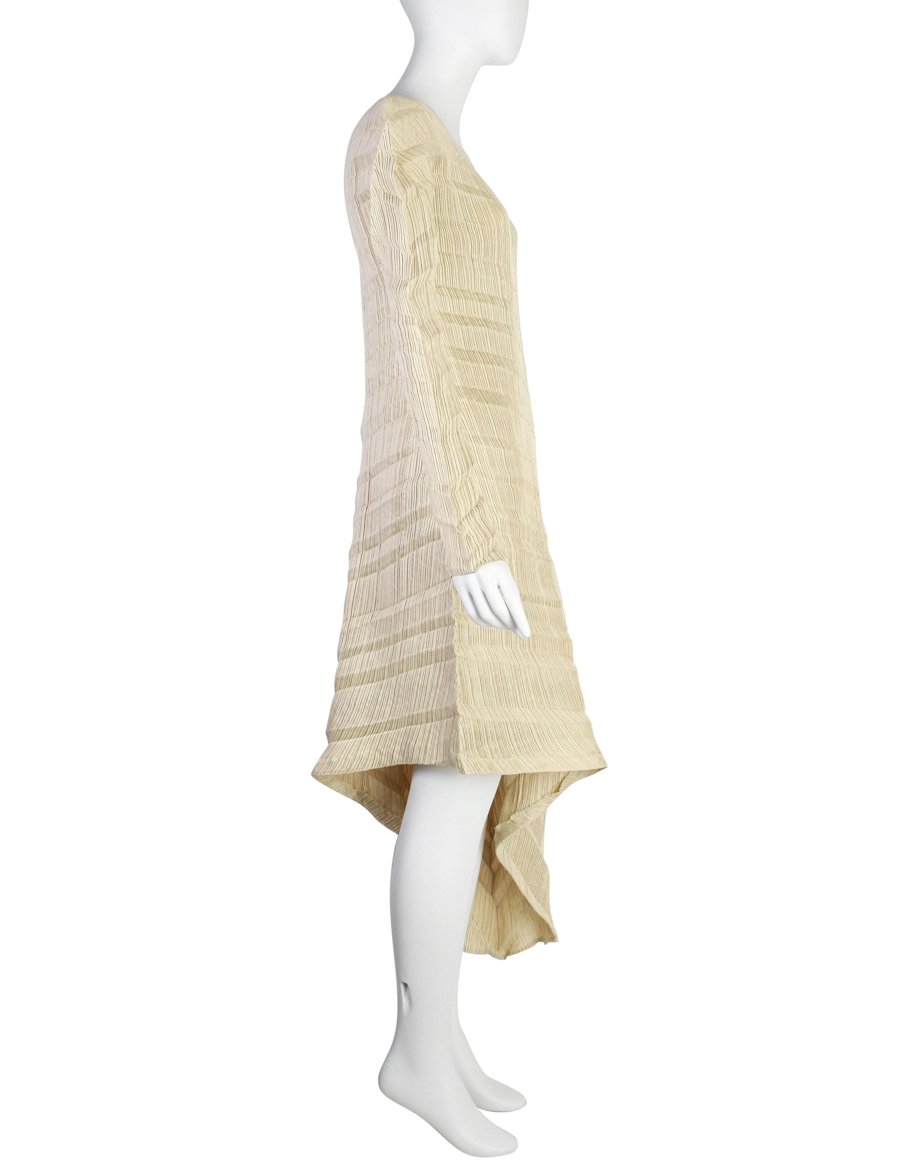 Issey Miyake Vintage SS 1995 Beige Sheen Structured Diagonal Pleated Asymmetrical Dress