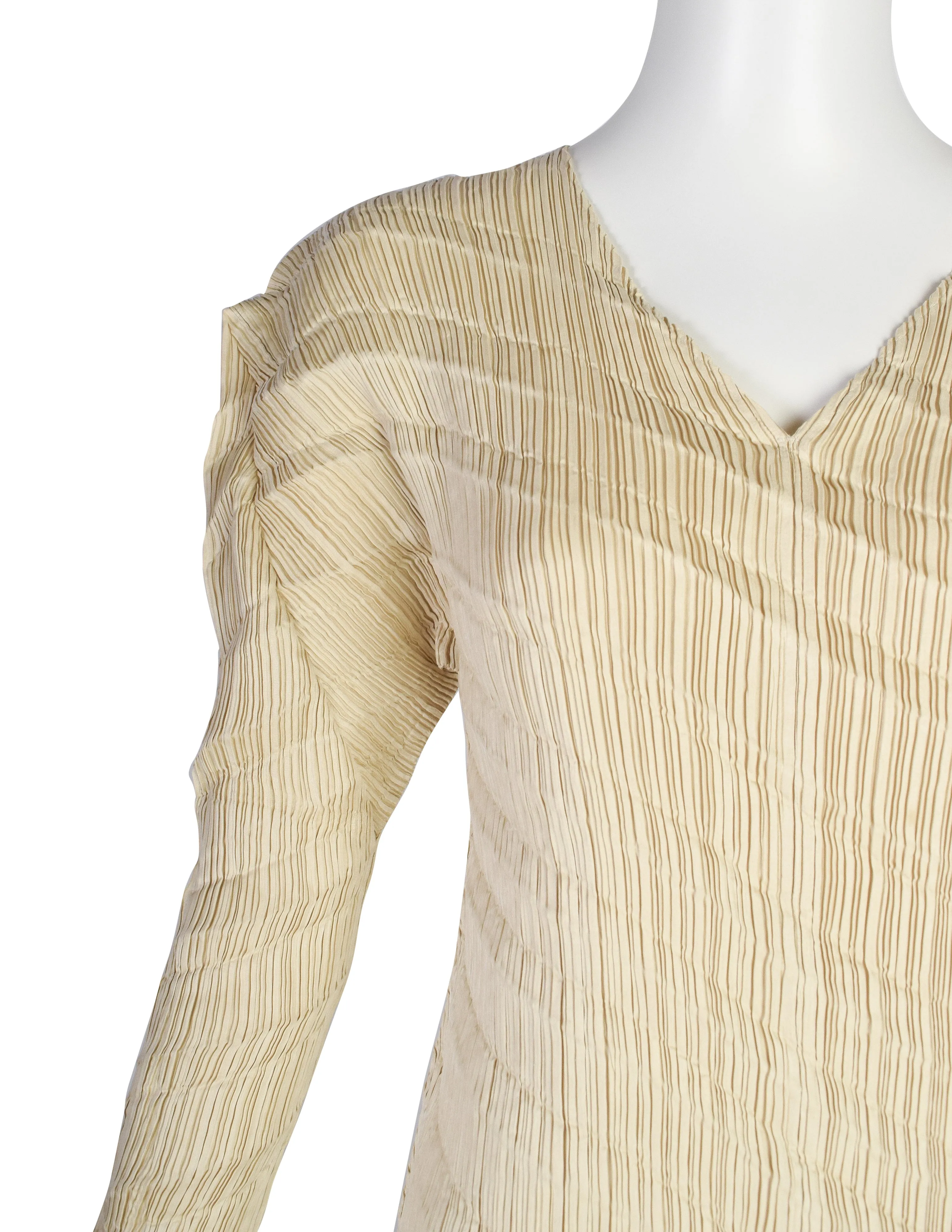 Issey Miyake Vintage SS 1995 Beige Sheen Structured Diagonal Pleated Asymmetrical Dress