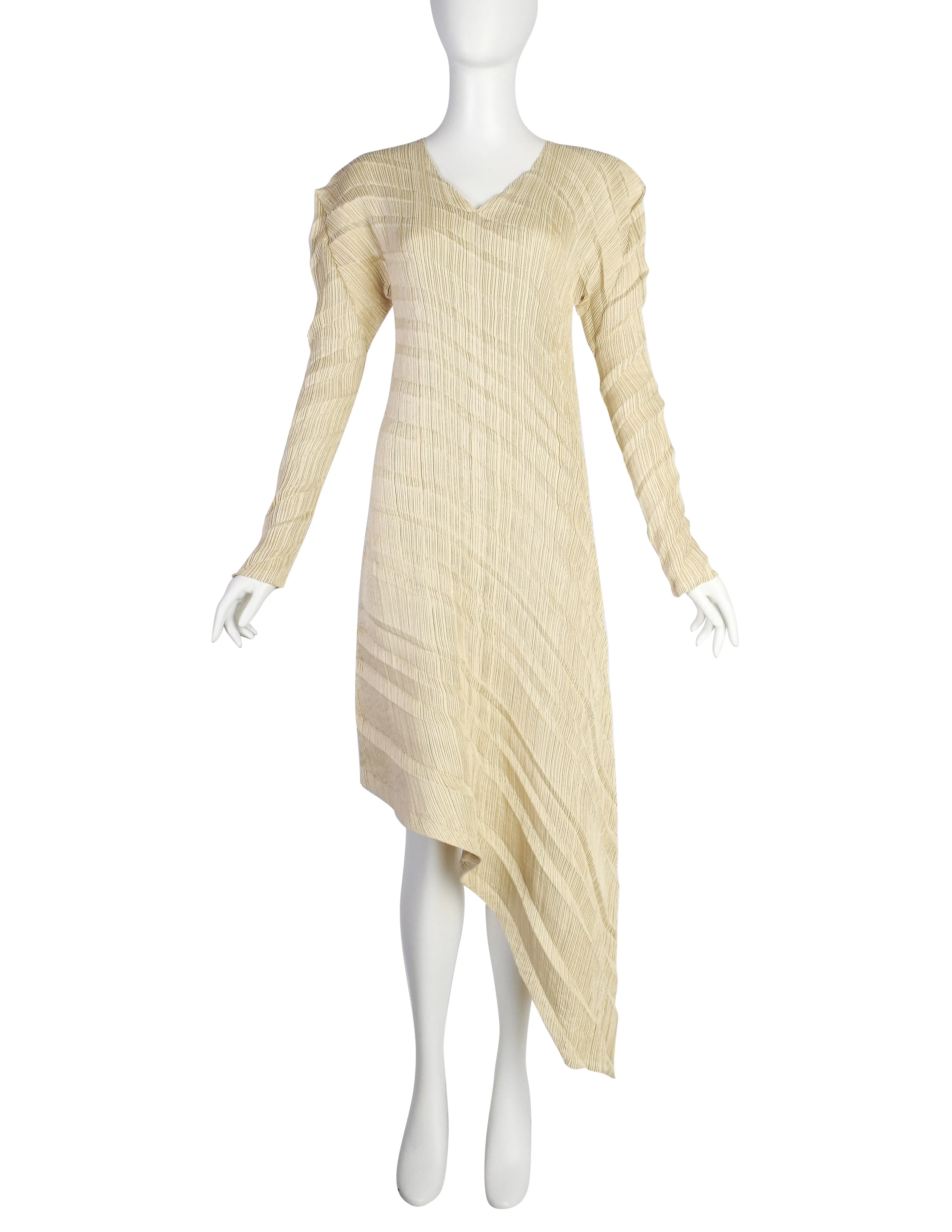 Issey Miyake Vintage SS 1995 Beige Sheen Structured Diagonal Pleated Asymmetrical Dress