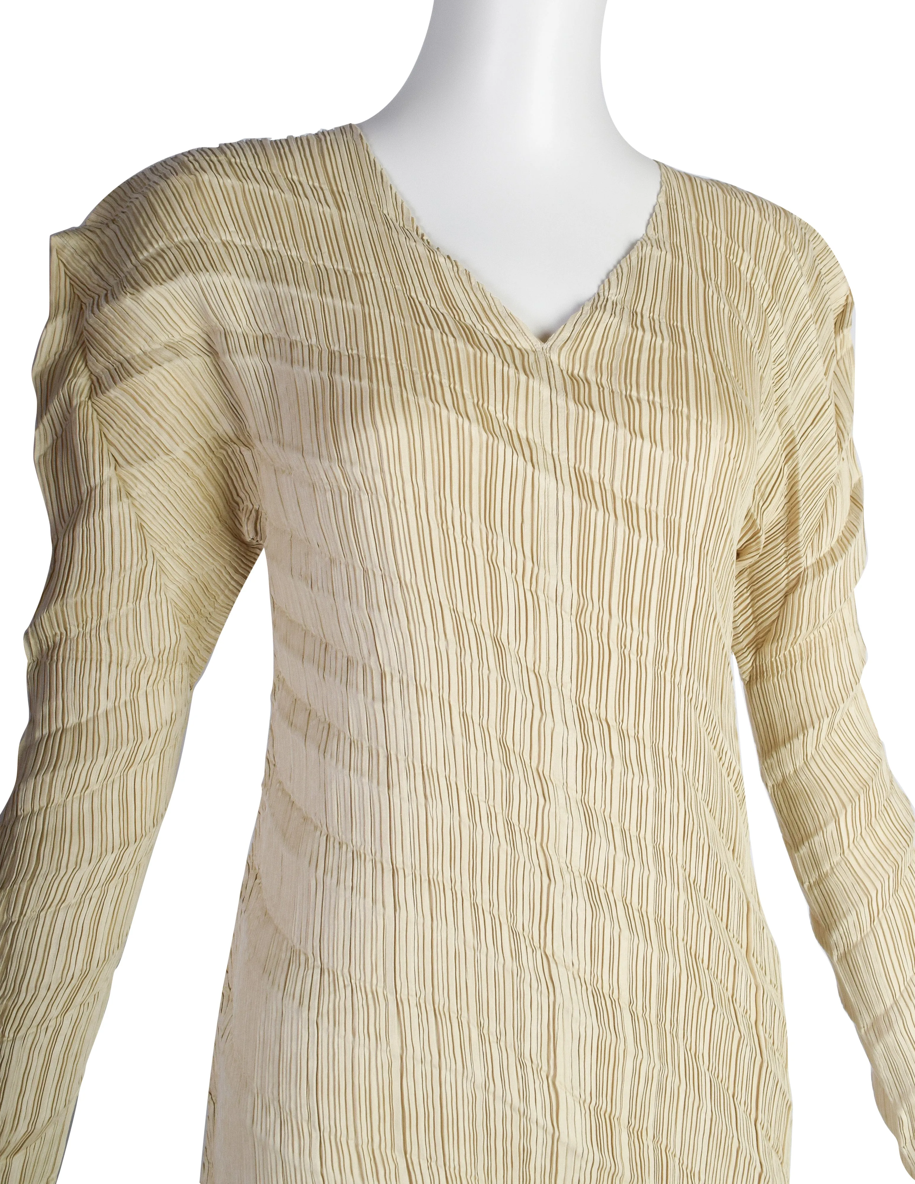 Issey Miyake Vintage SS 1995 Beige Sheen Structured Diagonal Pleated Asymmetrical Dress