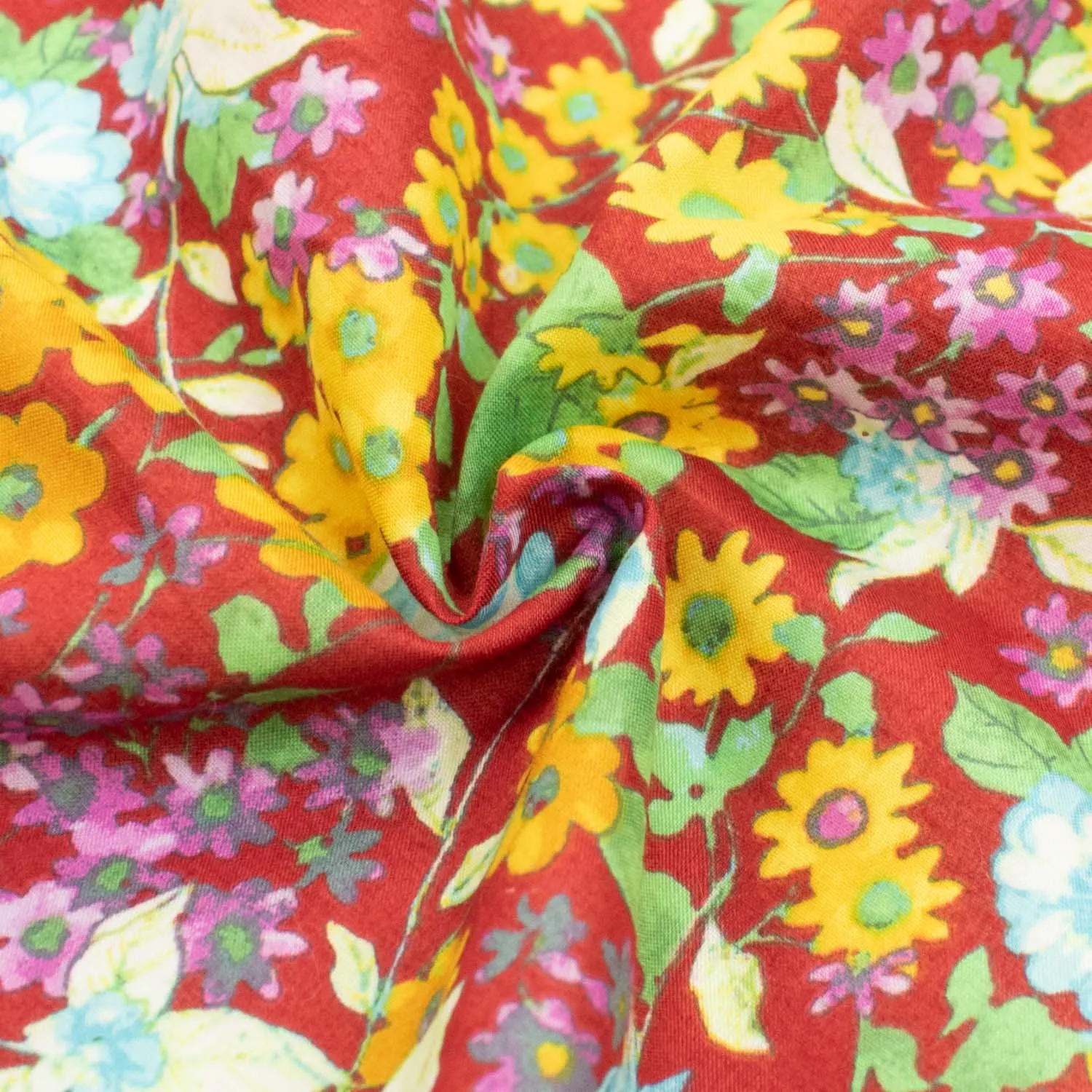 Japanese Pure Cotton Lawn Prints Design-185 Multicolour Floral Bloom on Dark Red