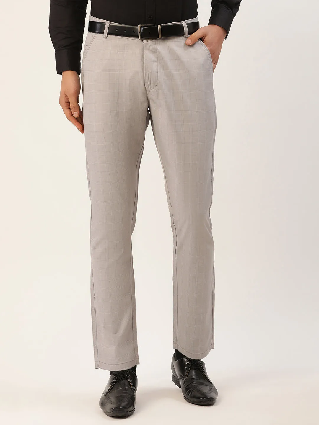 Jashvi Men's Grey Checked Formal Trousers