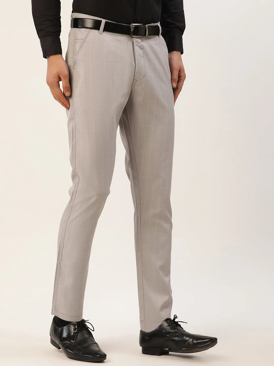 Jashvi Men's Grey Checked Formal Trousers