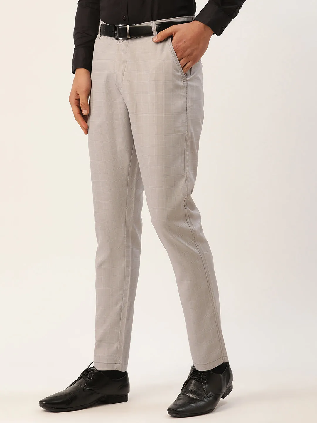 Jashvi Men's Grey Checked Formal Trousers