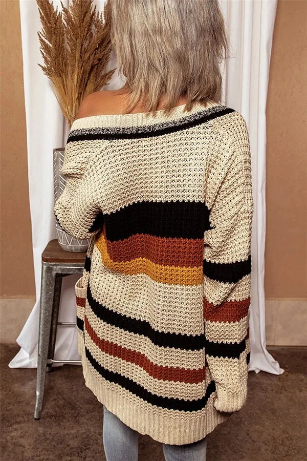 Knitted Striped Printed Loose V-neck Long-sleeved Casual Cardigan