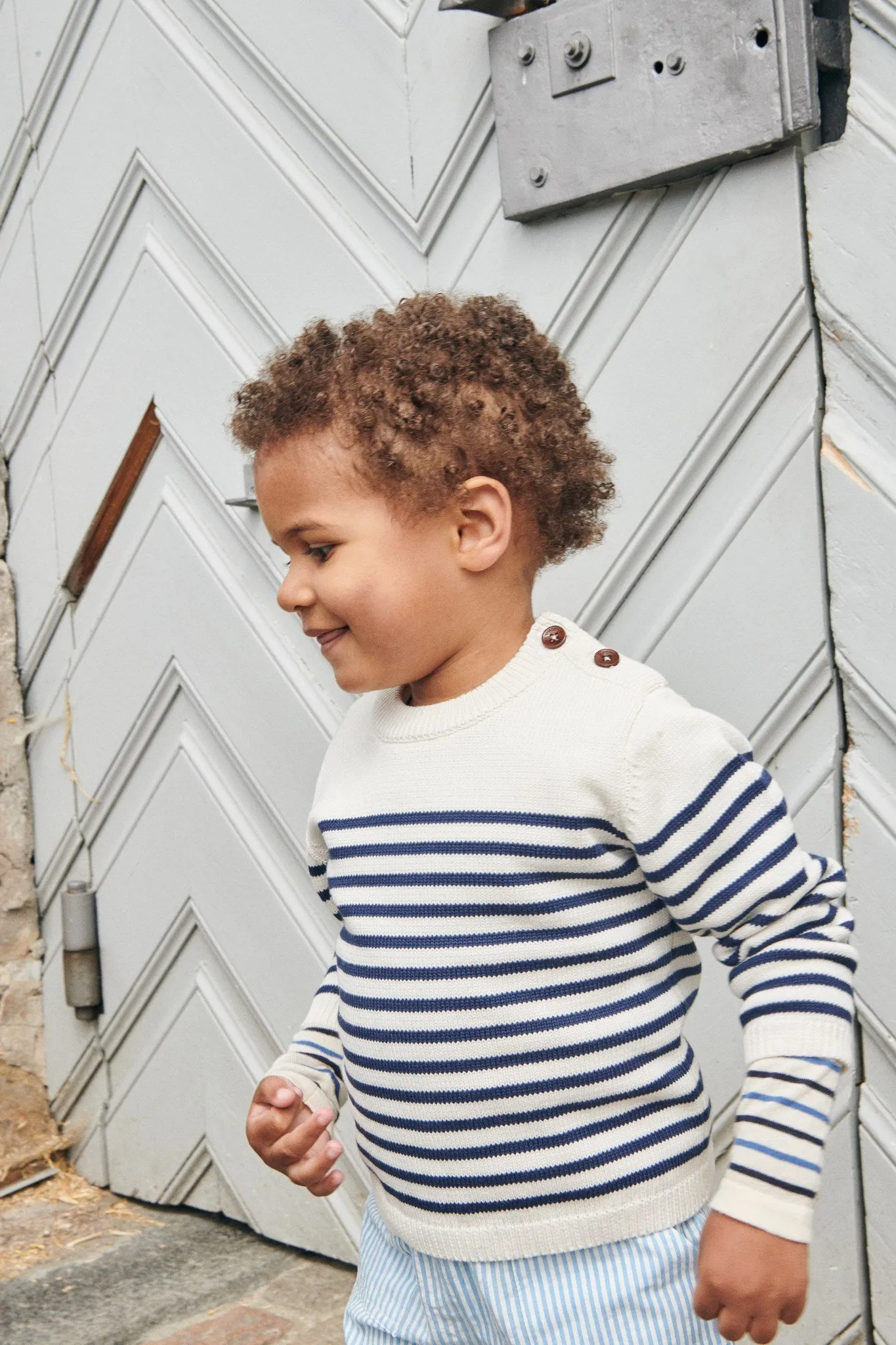 KNITTED STRIPED SAILOR JUMPER - CREAM NAVY COMBI