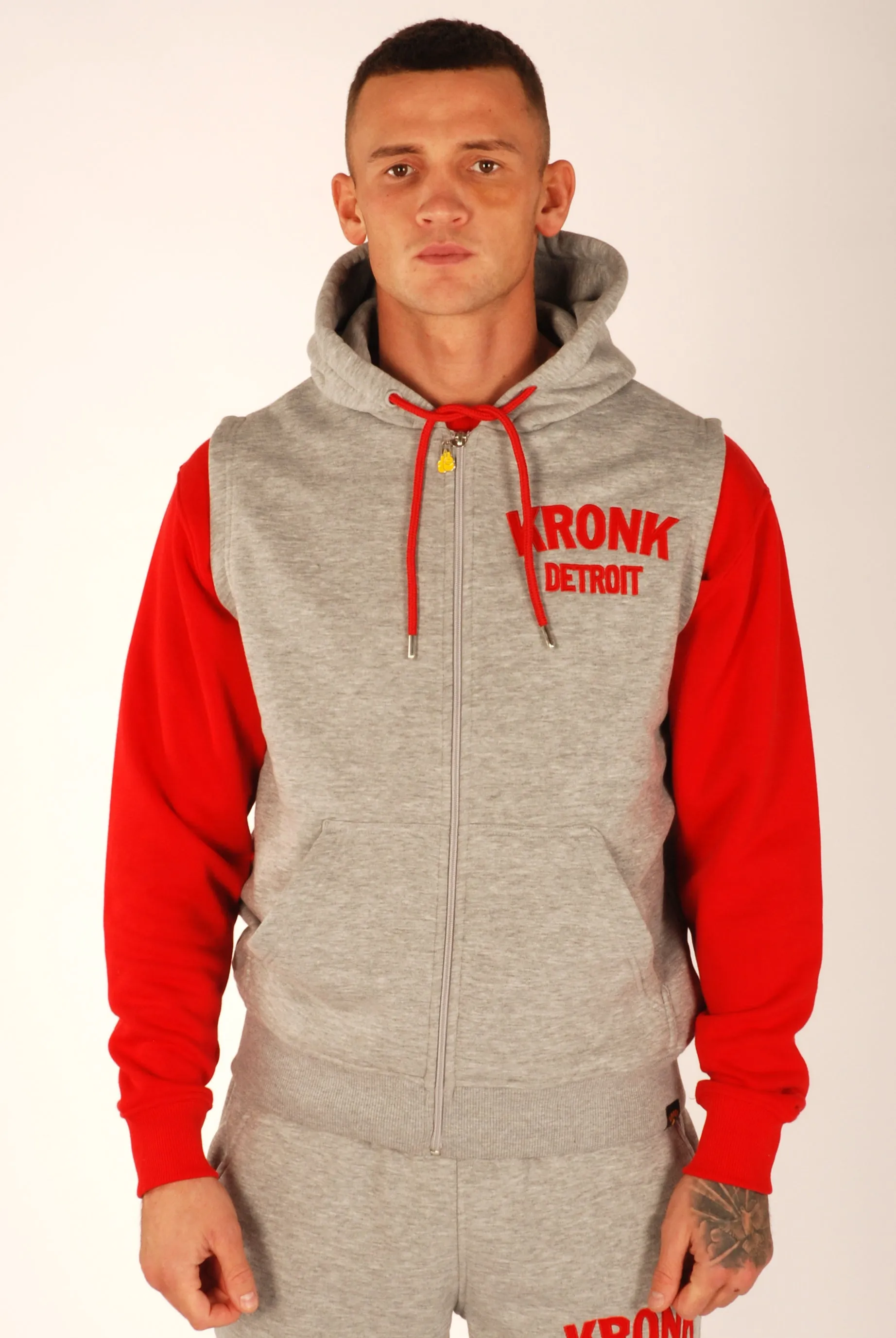 KRONK Detroit Applique Zip through Sleeveless Hoodie Sports Grey