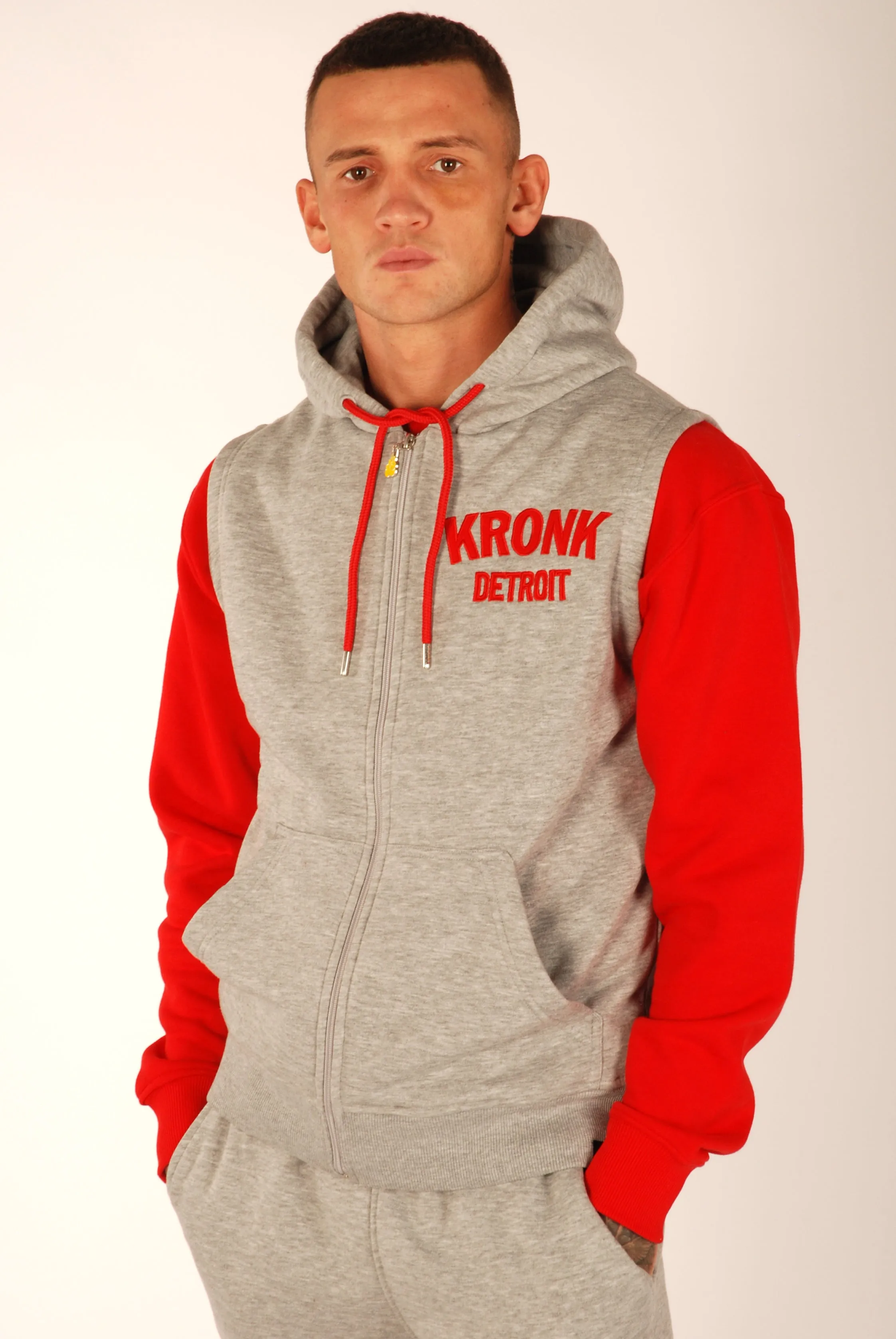 KRONK Detroit Applique Zip through Sleeveless Hoodie Sports Grey