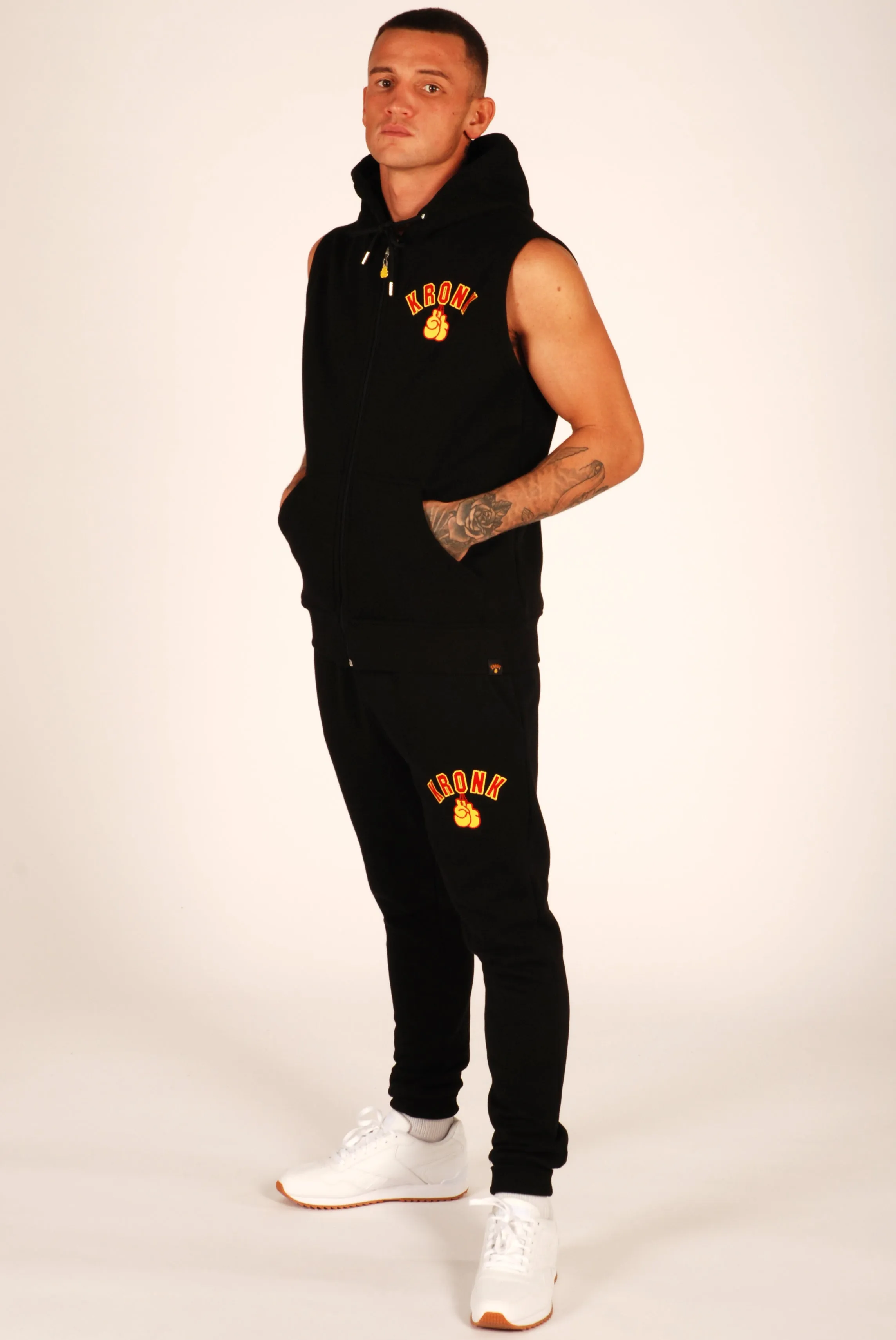 KRONK Gloves Applique Zip through Sleeveless Hoodie Black