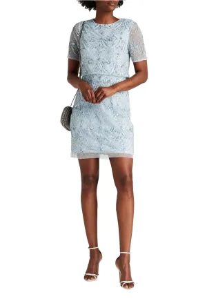 Light Blue Short Sleeves Embellished Tulle Mini Dress