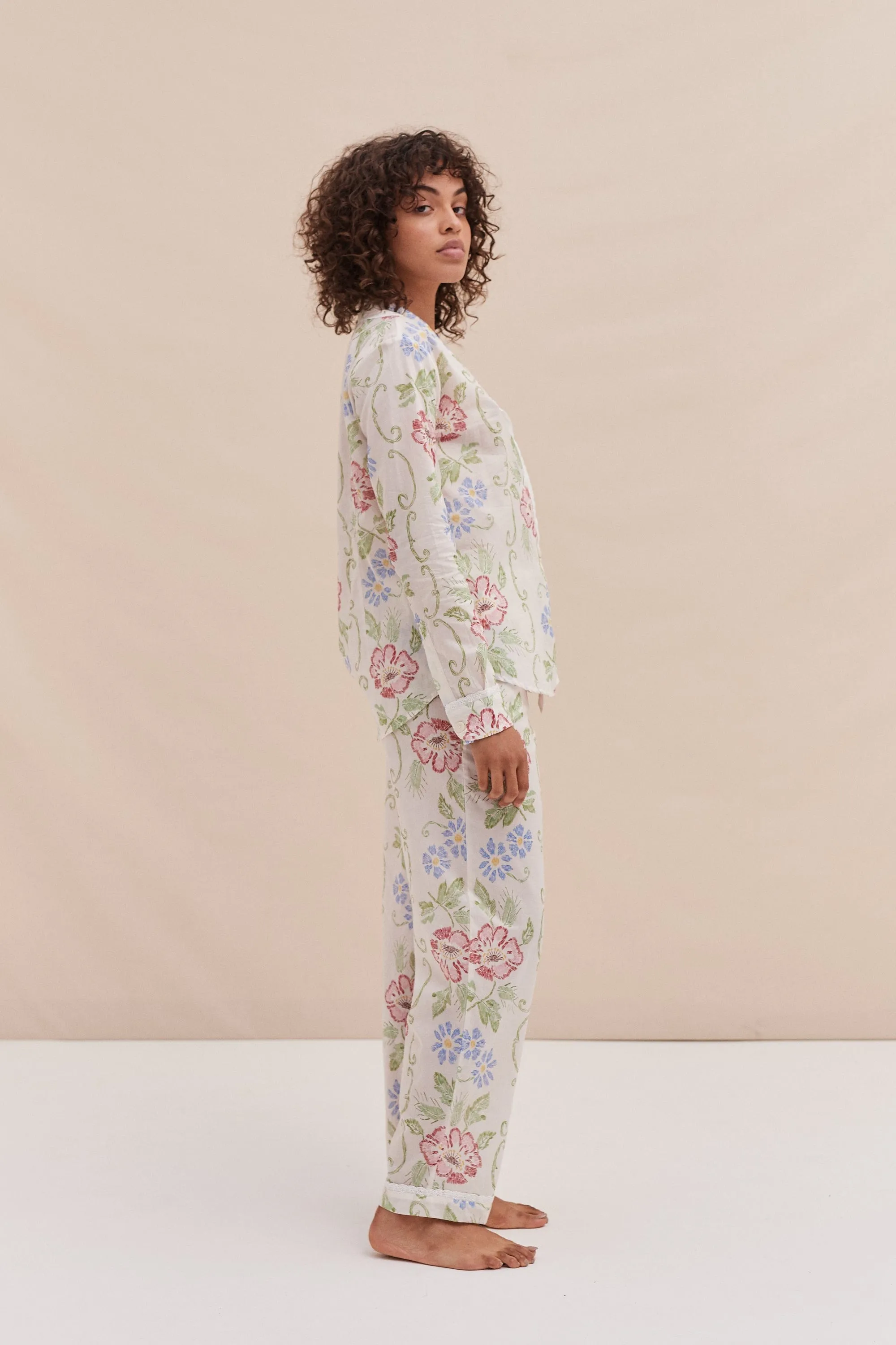 Long Pyjama Set Dorothea Print Cream with Trims