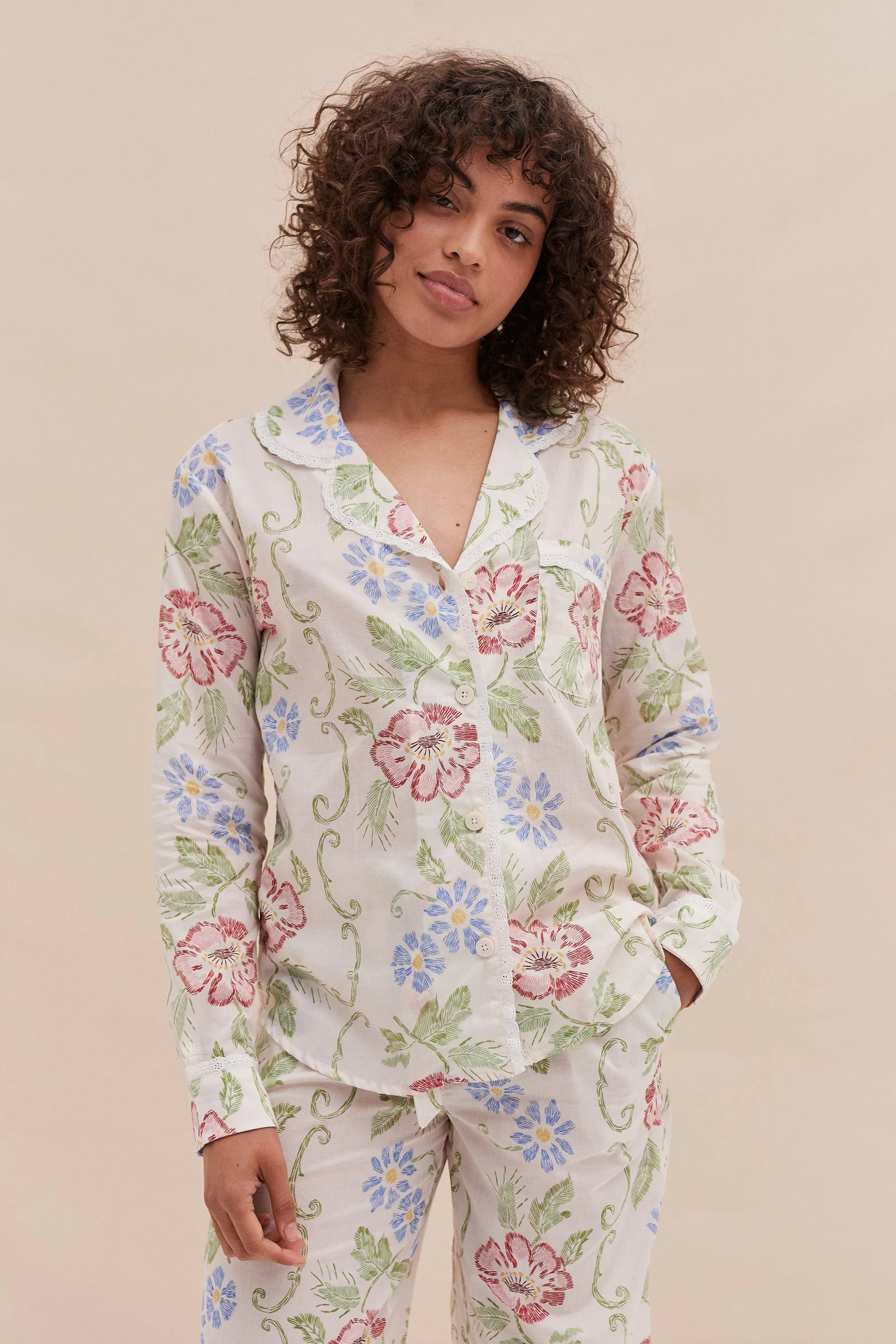 Long Pyjama Set Dorothea Print Cream with Trims