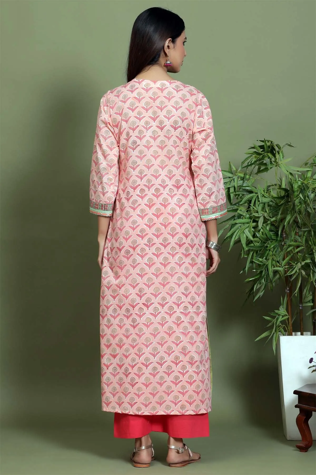 Peach floral hand block printed kurta