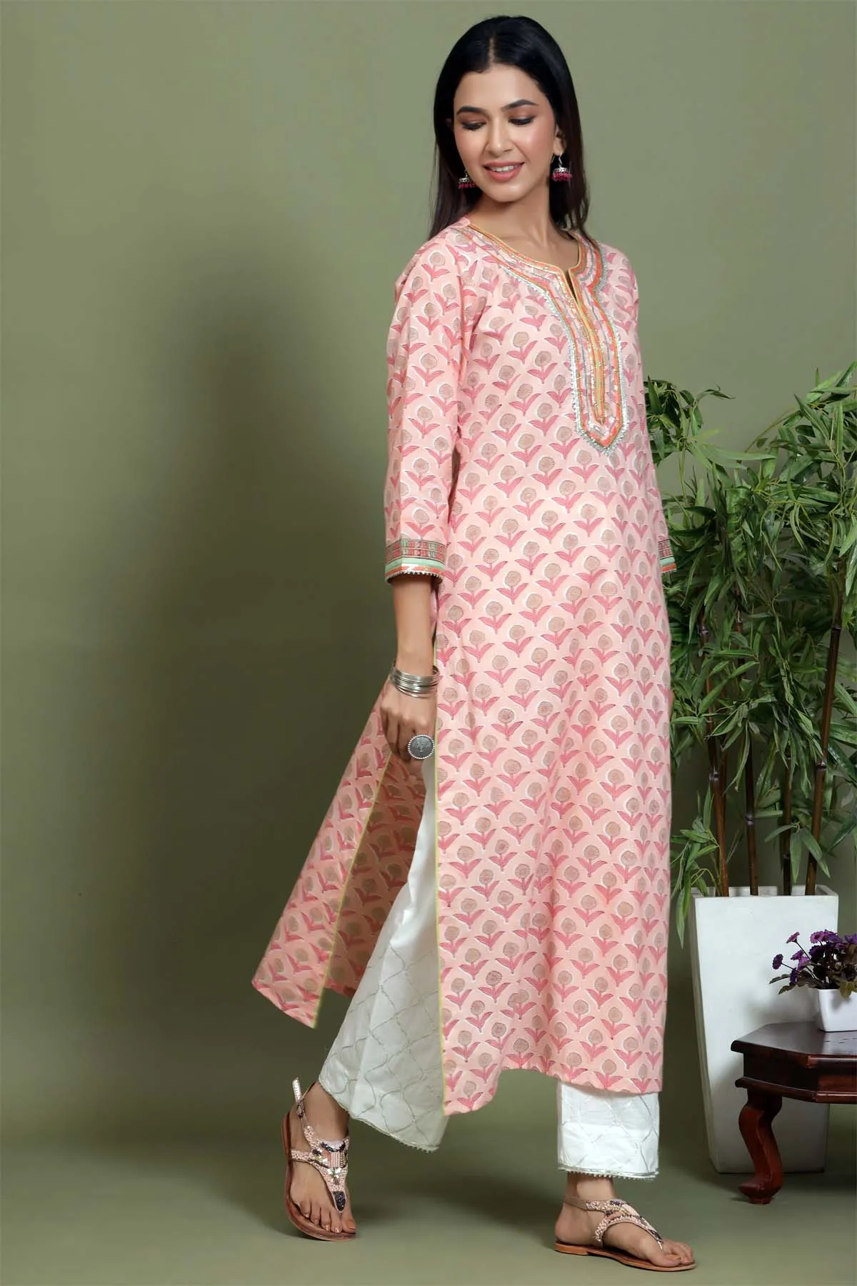 Peach floral hand block printed kurta